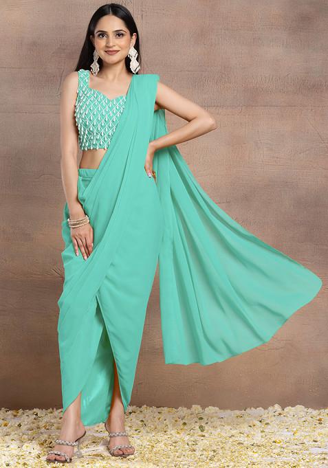 Mint Green Pre-Stitched Saree Set With Pearl Hand Embroidered Blouse