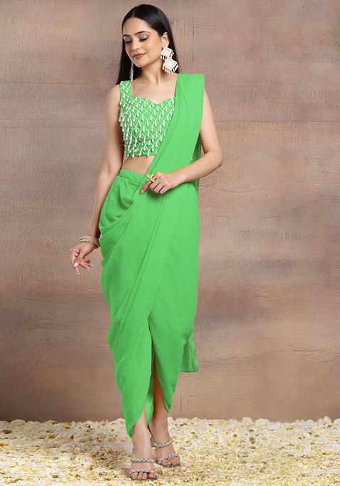 Green Pre-Stitched Saree Set With Pearl Hand Embroidered Blouse