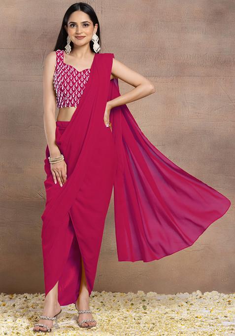 Hot Pink Pre-Stitched Saree Set With Pearl Hand Embroidered Blouse