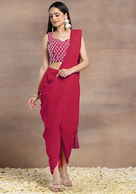 Rani Pink Pre-Stitched Saree Set With Pearl Hand Embroidered Blouse