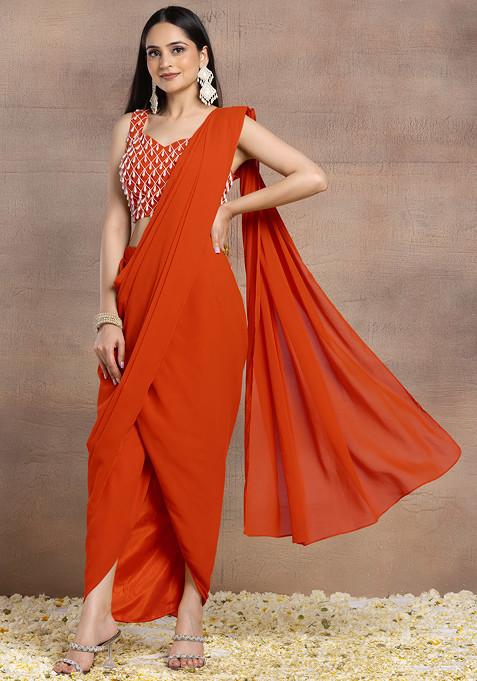 Orange Pre-Stitched Saree Set With Pearl Hand Embroidered Blouse