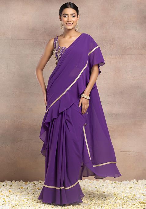 Purple Ruffled Pre-Stitched Saree Set With Sequin Hand Embroidered Blouse