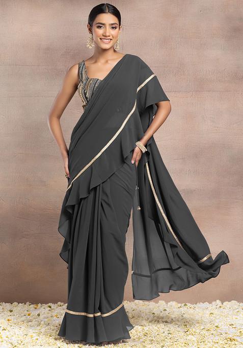 Charcoal Ruffled Pre-Stitched Saree Set With Sequin Hand Embroidered Blouse