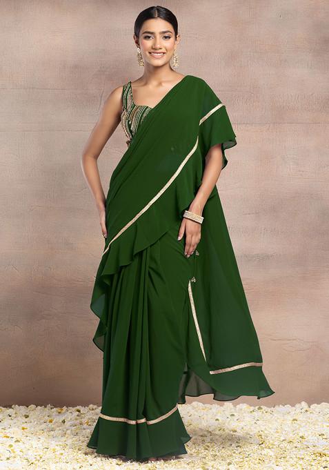 Forest Green Ruffled Pre-Stitched Saree Set With Sequin Hand Embroidered Blouse