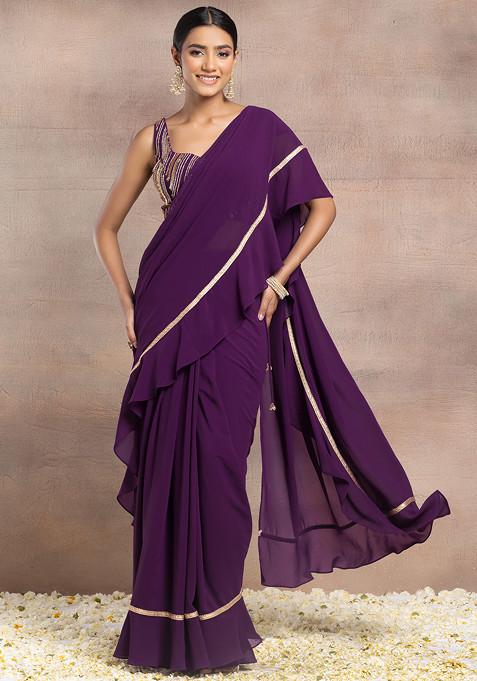 Dark Purple Ruffled Pre-Stitched Saree Set With Sequin Hand Embroidered Blouse