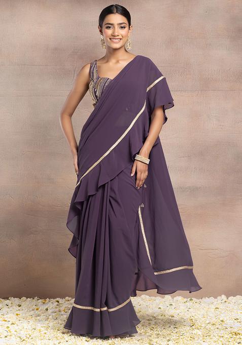 Mauve Ruffled Pre-Stitched Saree Set With Sequin Hand Embroidered Blouse