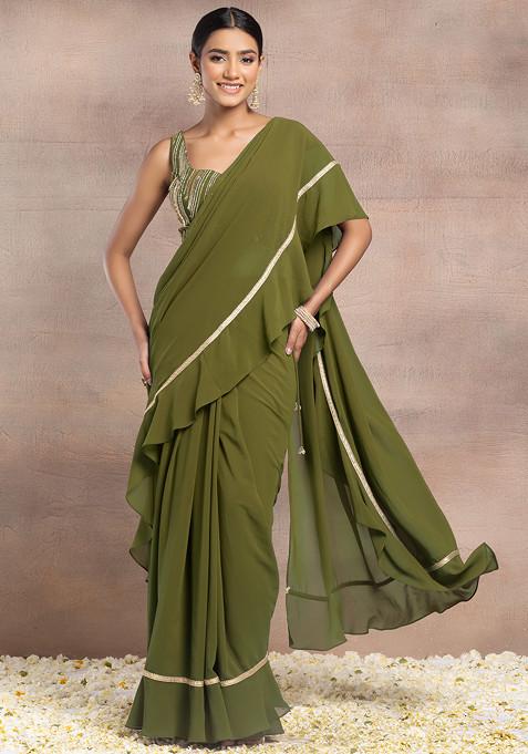 Olive Ruffled Pre-Stitched Saree Set With Sequin Hand Embroidered Blouse