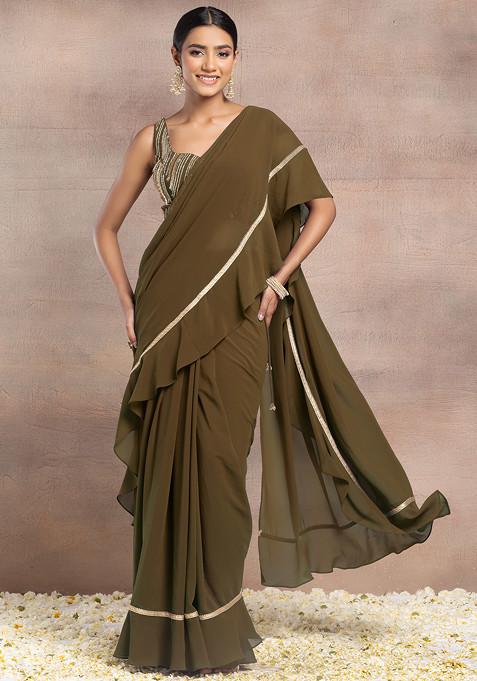 Copper Ruffled Pre-Stitched Saree Set With Sequin Hand Embroidered Blouse