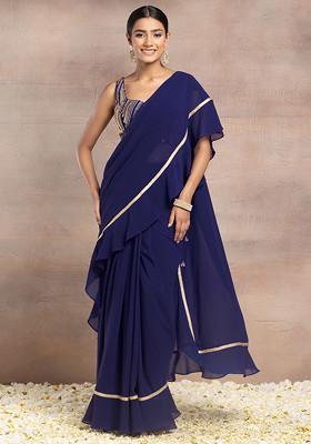 Indigo Blue Ruffled Pre-Stitched Saree Set With Sequin Hand Embroidered Blouse