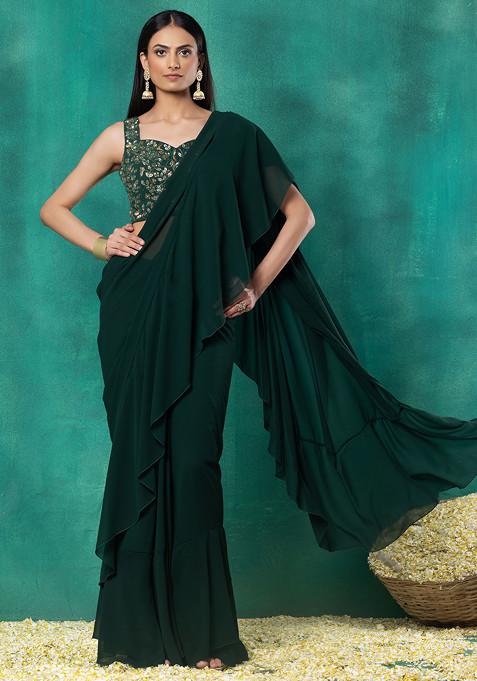 Dark Green Ruffled Pre-Stitched Saree Set With Sequin Leaf Hand Embroidered Blouse