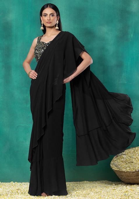 Black Ruffled Pre-Stitched Saree Set With Sequin Leaf Hand Embroidered Blouse