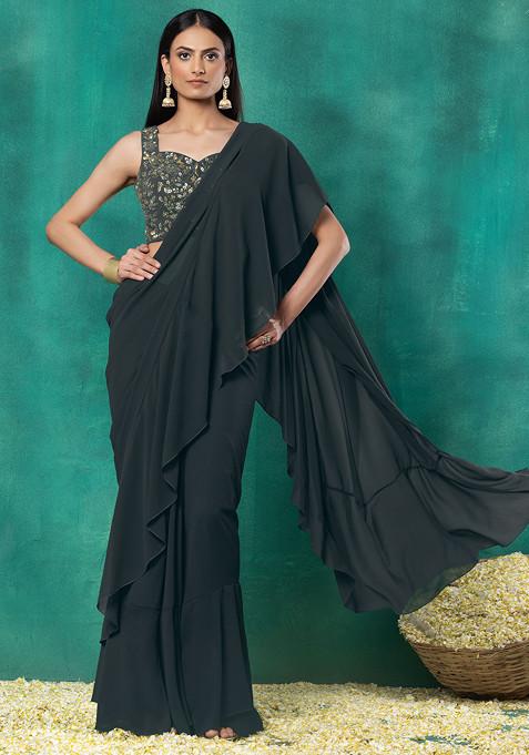 Dark Grey Ruffled Pre-Stitched Saree Set With Sequin Leaf Hand Embroidered Blouse