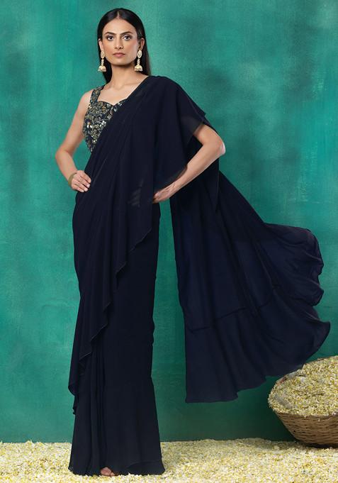 Indigo Blue Ruffled Pre-Stitched Saree Set With Sequin Leaf Hand Embroidered Blouse