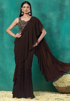 Dark Brown Ruffled Pre-Stitched Saree Set With Sequin Leaf Hand Embroidered Blouse