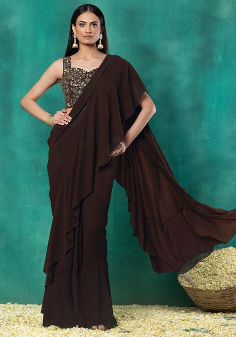 Dark Brown Ruffled Pre-Stitched Saree Set With Sequin Leaf Hand Embroidered Blouse