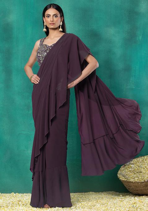 Wine Ruffled Pre-Stitched Saree Set With Sequin Leaf Hand Embroidered Blouse