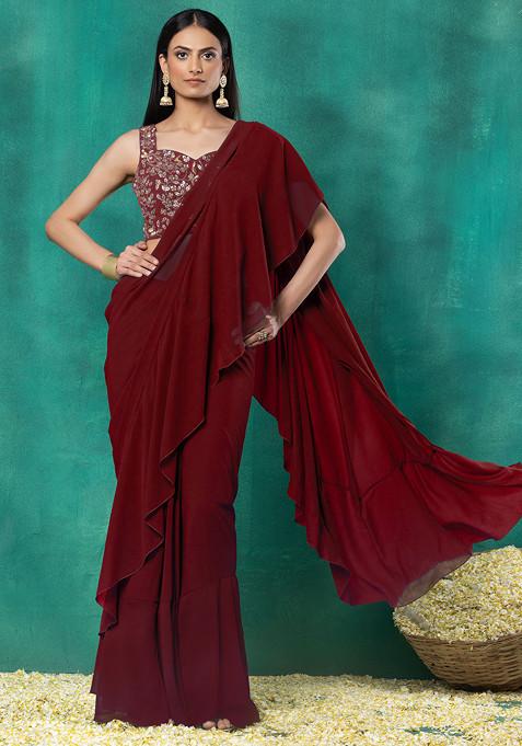 Red Ruffled Pre-Stitched Saree Set With Sequin Leaf Hand Embroidered Blouse