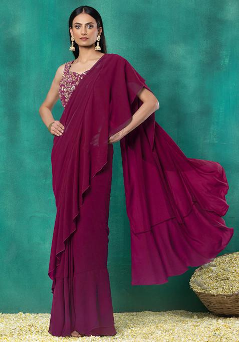 Dark Pink Ruffled Pre-Stitched Saree Set With Sequin Leaf Hand Embroidered Blouse