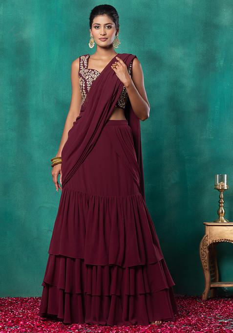 Deep Maroon Ruffled Pre-Stitched Saree Set With Floral Dori Hand Embroidered Blouse