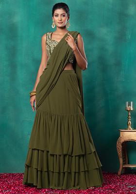 Olive Green Ruffled Pre-Stitched Saree Set With Floral Dori Embroidered Blouse