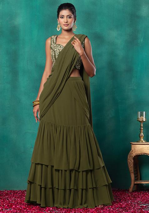 Olive Green Ruffled Pre-Stitched Saree Set With Floral Dori Embroidered Blouse