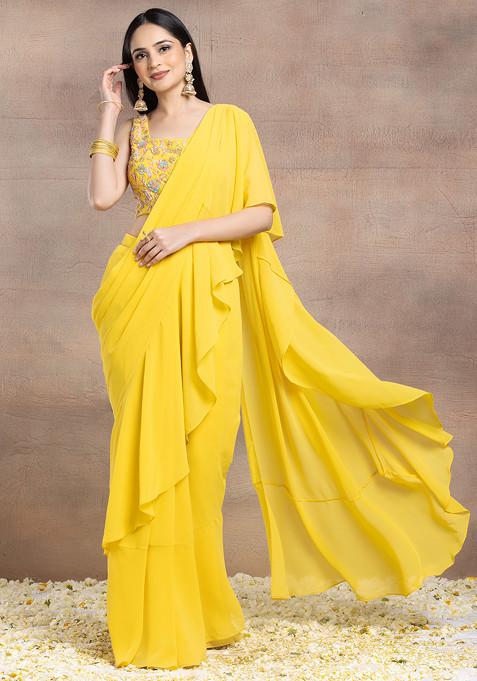 Yellow Ruffled Pre-Stitched Saree Set With Multicolour Sequin Hand Embroidered Blouse