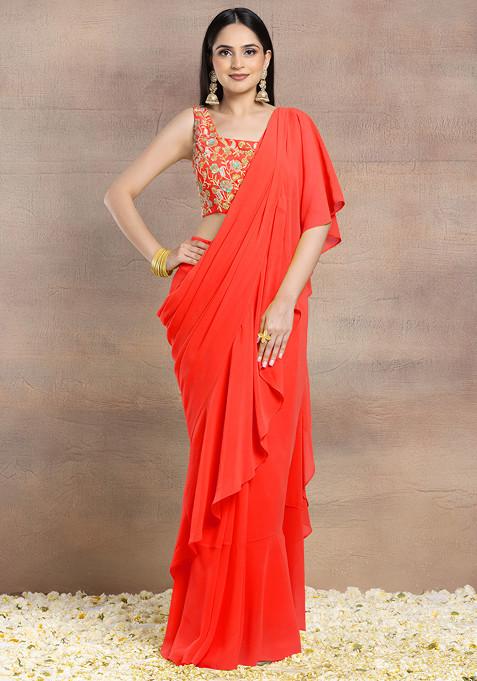 Orange Ruffled Pre-Stitched Saree Set With Multicolour Sequin Hand Embroidered Blouse