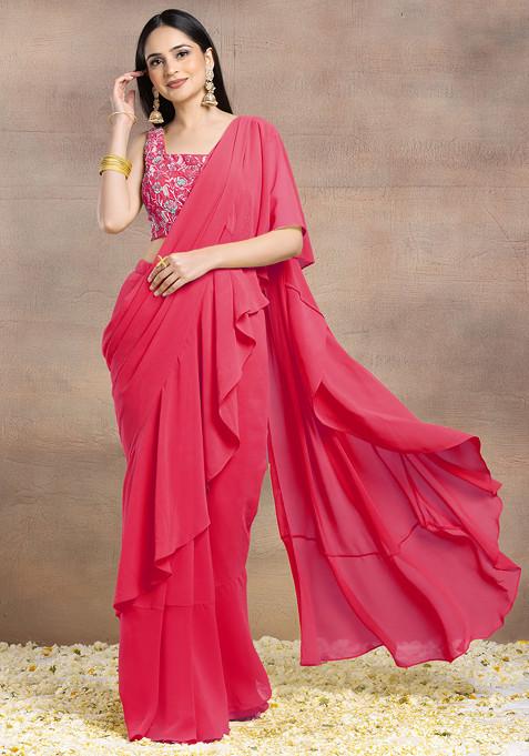 Hot Pink Ruffled Pre-Stitched Saree Set With Multicolour Sequin Hand Embroidered Blouse