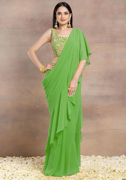 Green Ruffled Pre-Stitched Saree Set With Multicolour Sequin Hand Embroidered Blouse