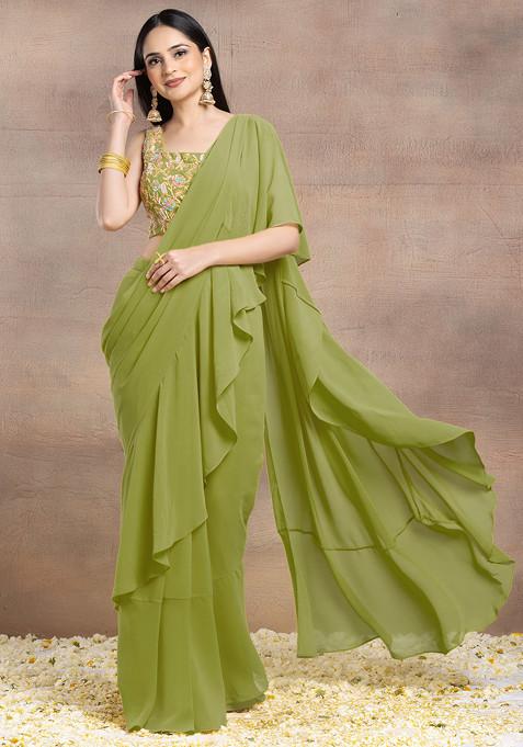 Olive Green Ruffled Pre-Stitched Saree Set With Multicolour Sequin Hand Embroidered Blouse