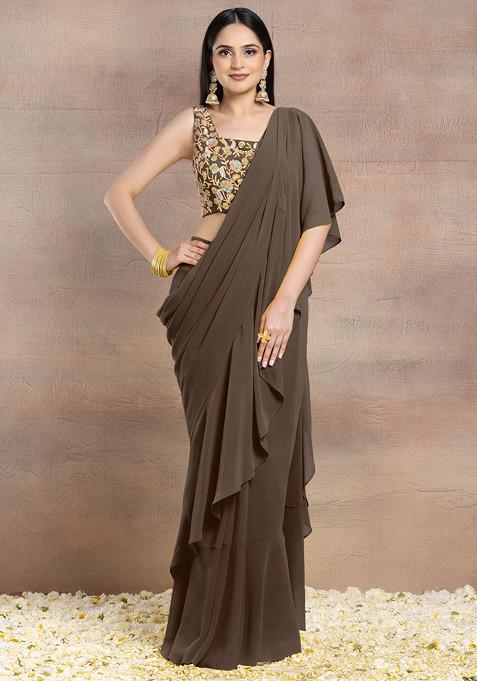 Light Brown Ruffled Pre-Stitched Saree Set With Multicolour Sequin Hand Embroidered Blouse