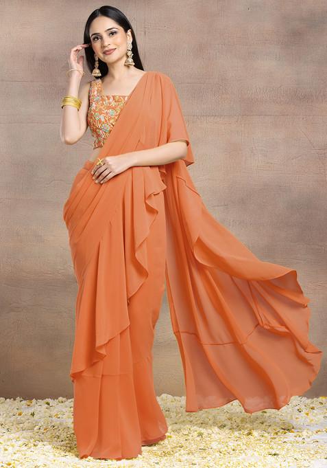 Light Orange Ruffled Pre-Stitched Saree Set With Multicolour Sequin Hand Embroidered Blouse