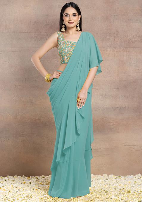 Light Blue Ruffled Pre-Stitched Saree Set With Multicolour Sequin Hand Embroidered Blouse