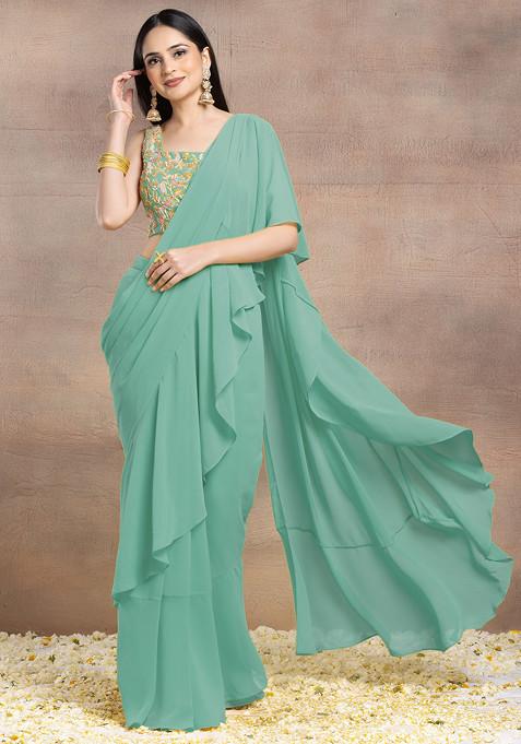 Seafoam Ruffled Pre-Stitched Saree Set With Multicolour Sequin Hand Embroidered Blouse