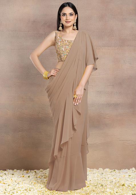 Beige Ruffled Pre-Stitched Saree Set With Multicolour Sequin Hand Embroidered Blouse