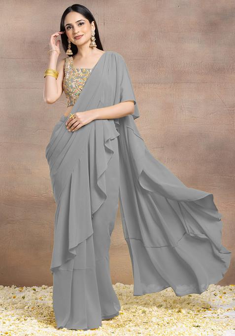 Grey Ruffled Pre-Stitched Saree Set With Multicolour Sequin Hand Embroidered Blouse