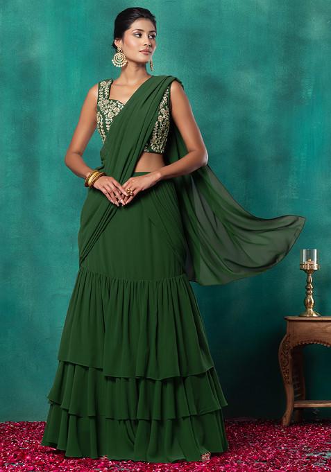 Green Ruffled Pre-Stitched Saree Set With Floral Dori Embroidered Blouse