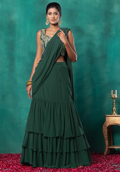 Deep Green Ruffled Pre-Stitched Saree Set With Floral Dori Embroidered Blouse