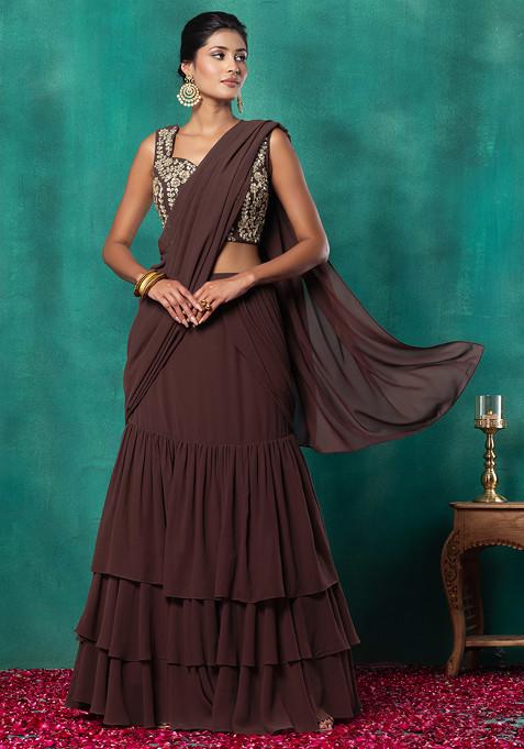 Dark Brown Ruffled Pre-Stitched Saree Set With Floral Dori Embroidered Blouse