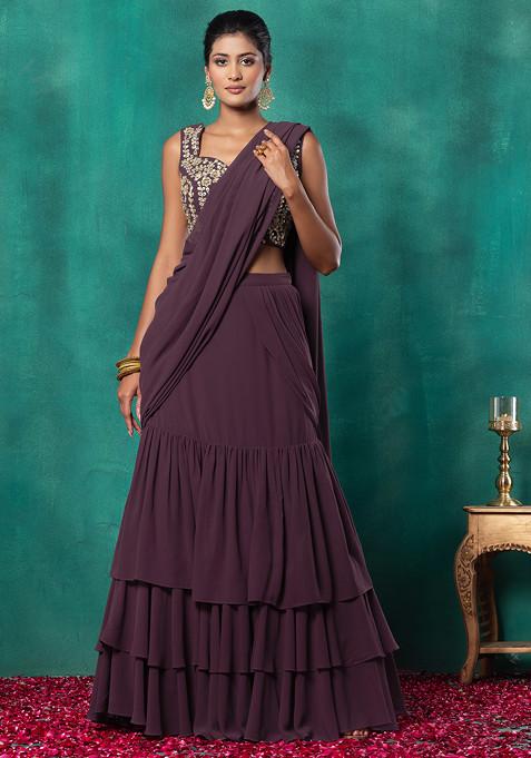 Purple Ruffled Pre-Stitched Saree Set With Floral Dori Embroidered Blouse