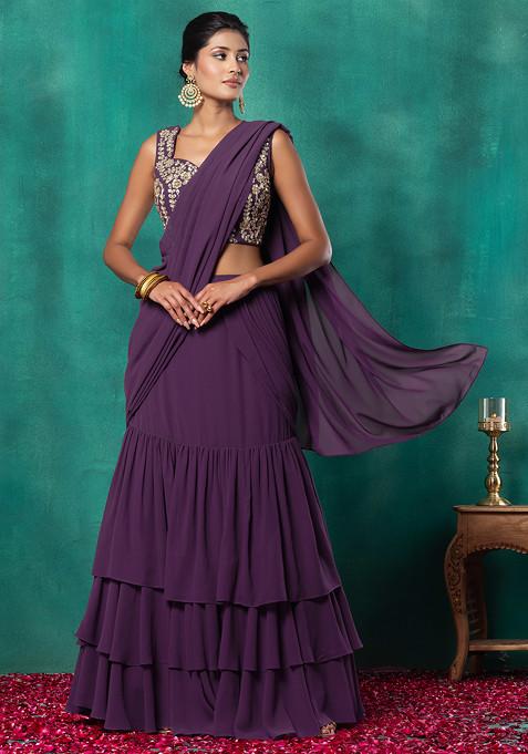 Mauve Ruffled Pre-Stitched Saree Set With Floral Dori Embroidered Blouse
