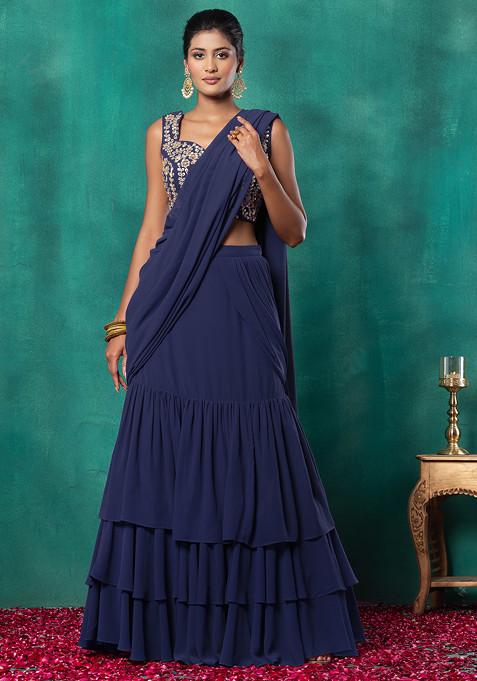 Indigo Blue Ruffled Pre-Stitched Saree Set With Floral Dori Embroidered Blouse
