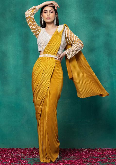 Mustard Satin Pre-Stitched Saree Set With Sequin Pearl Embellished Blouse And Belt