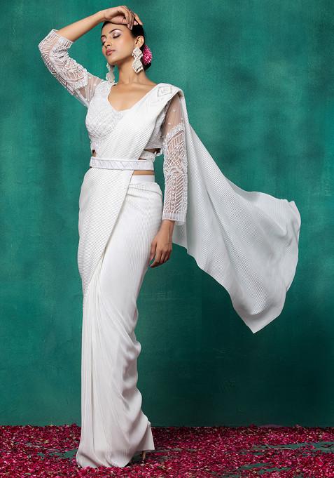 White Satin Pre-Stitched Saree Set With Sequin Bead Embellished Blouse And Belt