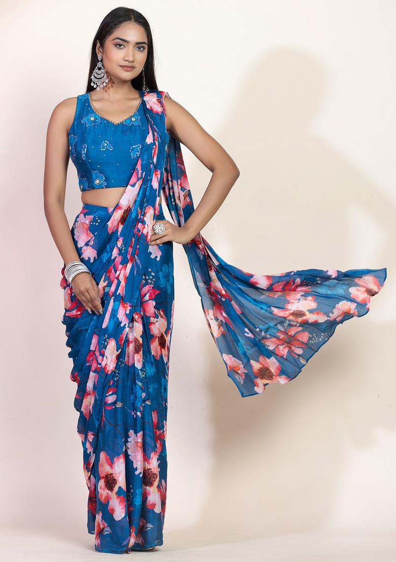 Women White And Blue Ethnic Print Saree With Atteched Blouse Piece main image 0