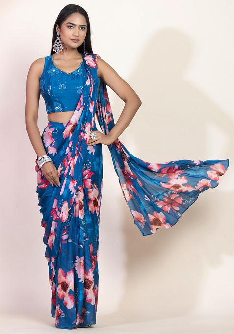 Blue Floral Print Pre-Stitched Saree Set With Sequin Embellished Blouse