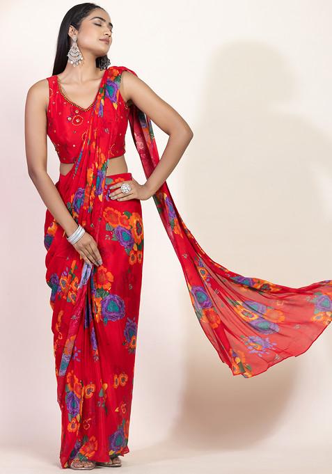 Red Floral Print Pre-Stitched Saree Set With Sequin Embellished Blouse