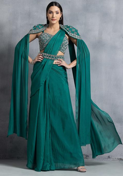 Forest Green Pre-Stitched Saree And Bead Embellished Blouse Set With Belt And Cape