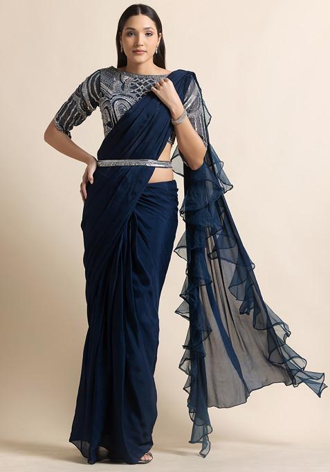 Navy Blue Ruffled Pre-Stitched Saree Set With Sequin Hand Embellished Blouse And Belt