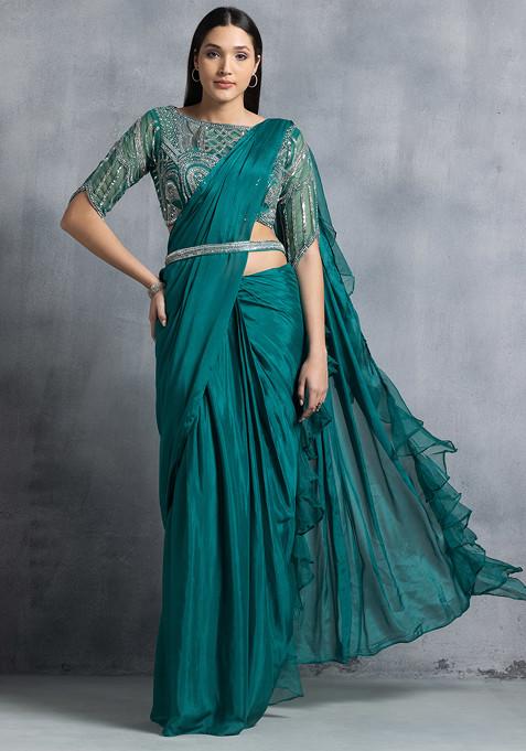 Forest Green Ruffled Pre-Stitched Saree Set With Sequin Hand Embellished Blouse And Belt